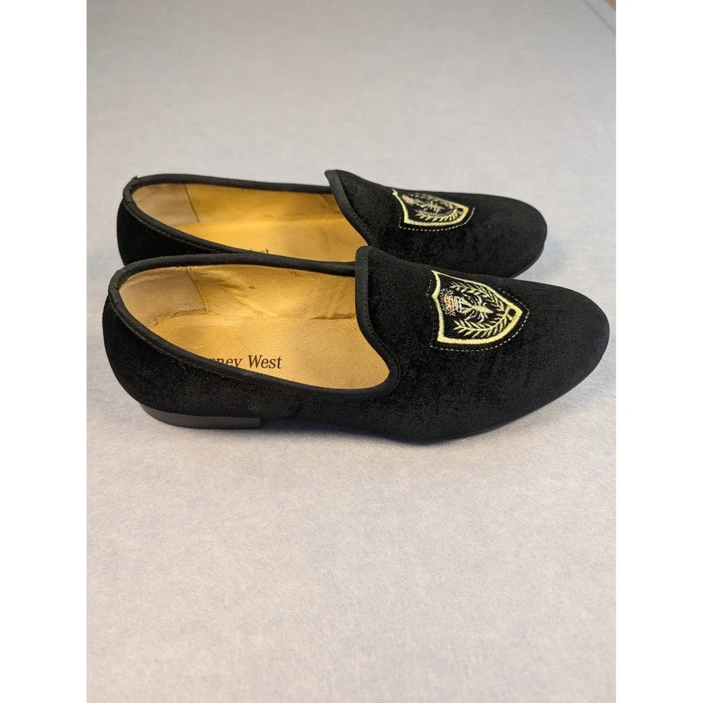 Journey West Velvet Loafers Mens 44 Black Embroidered Crest Smoking Shoes EUC